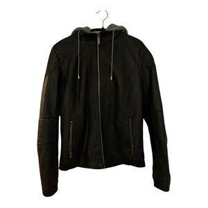 Signature Studio Brand Faux Leather Coat Woman’s Size Large Black With Hood